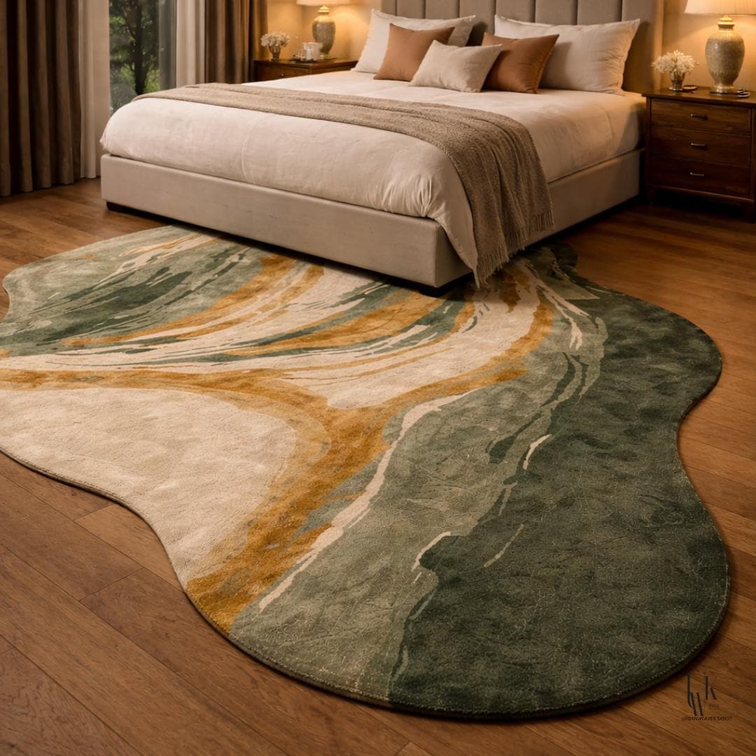 Luxury Abstract Green and Gold Area Rug | Hand-Tufted Silk Organic Shape