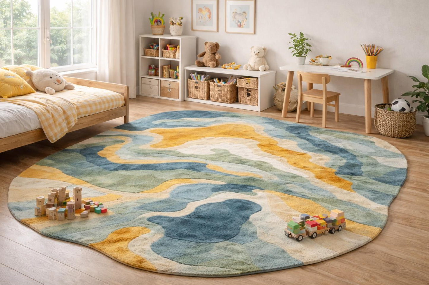 Hand Tufted Wool Round Rug, Abstract Blue Green Mustard, Modern Floor Decor