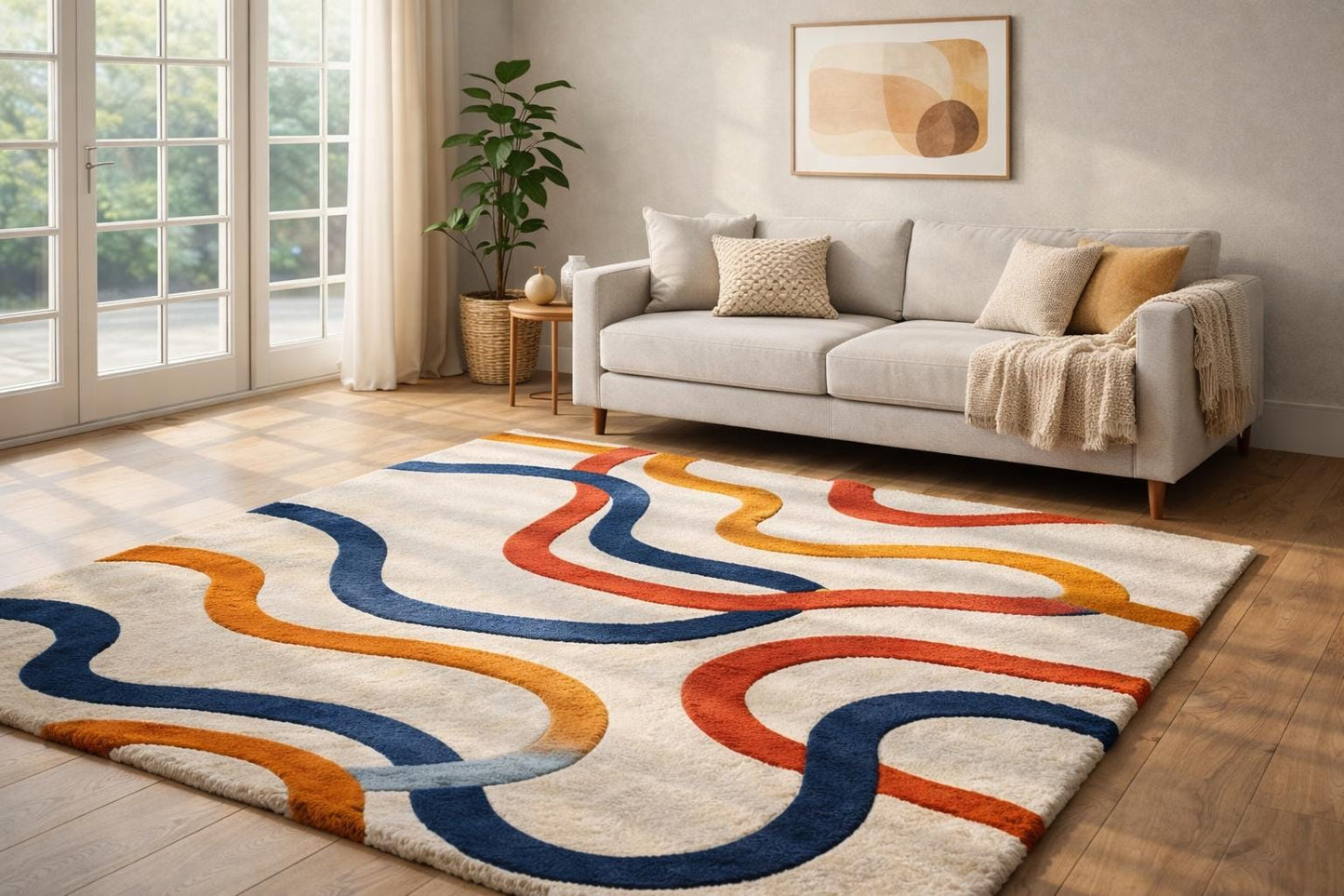 Hand Tufted Wool Area Rug 6x9 – Modern Wavy Design, Mid-Century Colorful Carpet