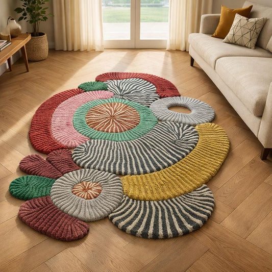 Abstract Tufted Wool Area Rug: Colorful Irregular Shape, Modern Home Decor