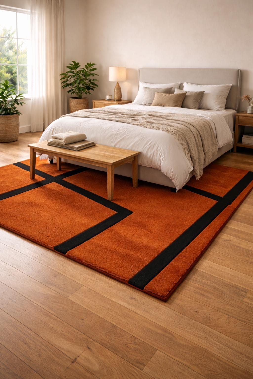 Burnt Orange Geometric Wall Rug, Black Abstract Tufted Carpet, New Zealand Wool Decor