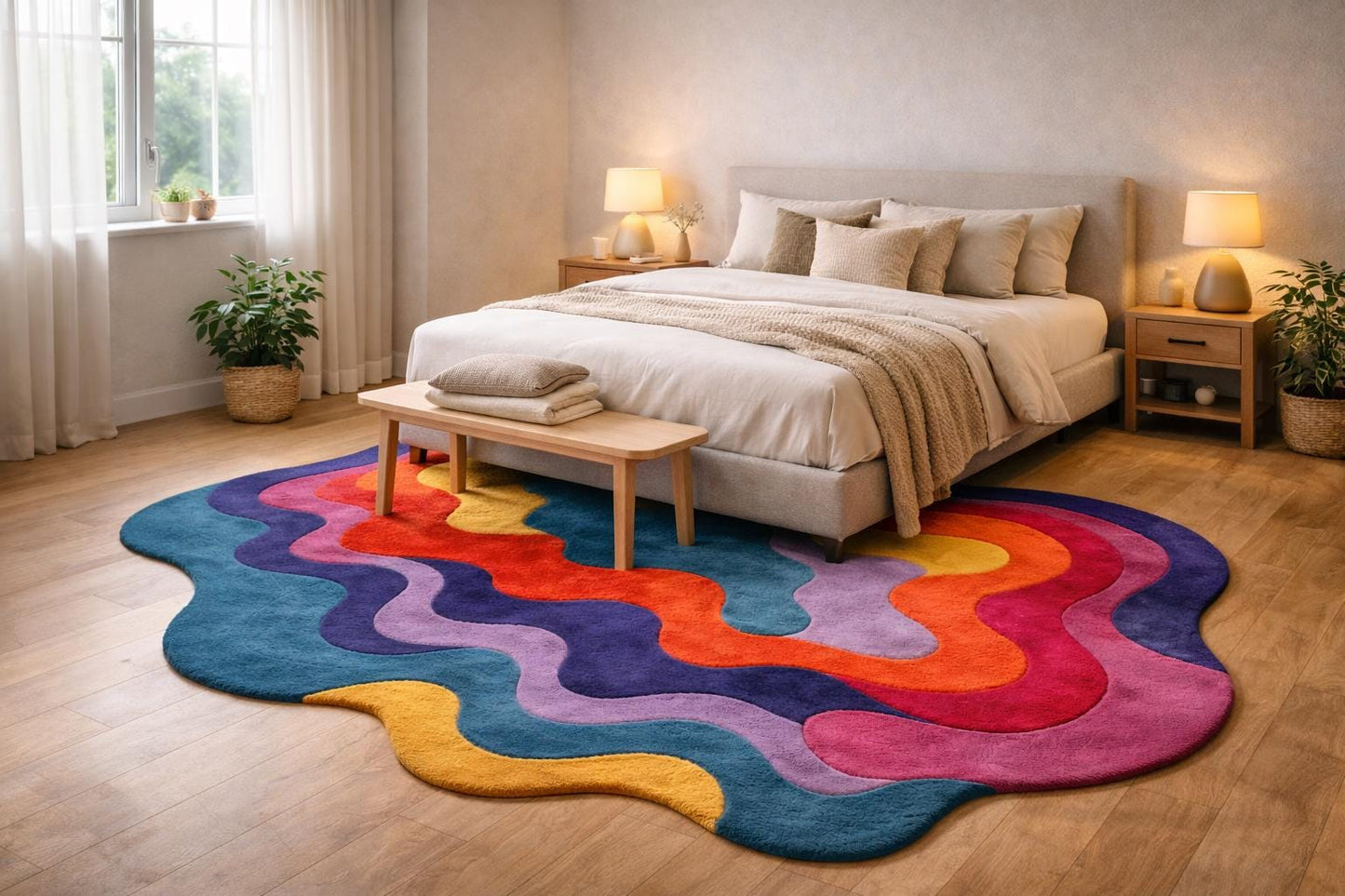 New Zealand Wool Abstract Wavy Rug, Modern Organic Rainbow Carpet, Plush Artistic Statement Piece