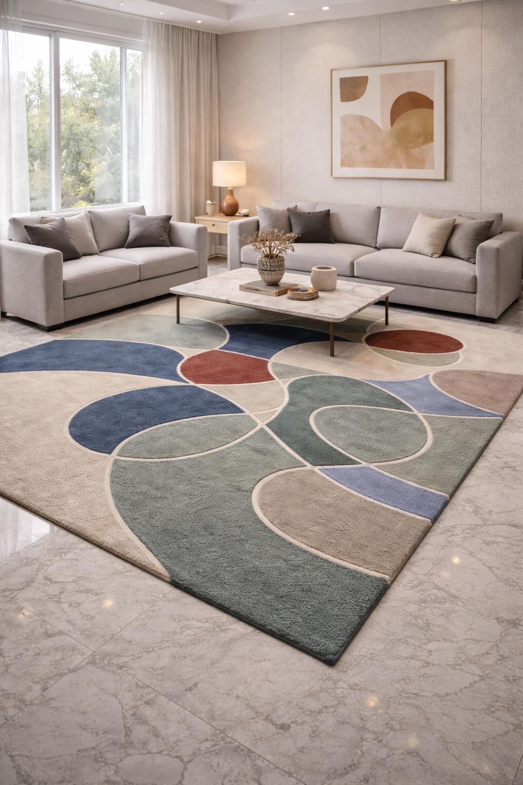 Handmade Abstract Geometric Wool Rug, Modern Interior Scandinavian Plush Carpet