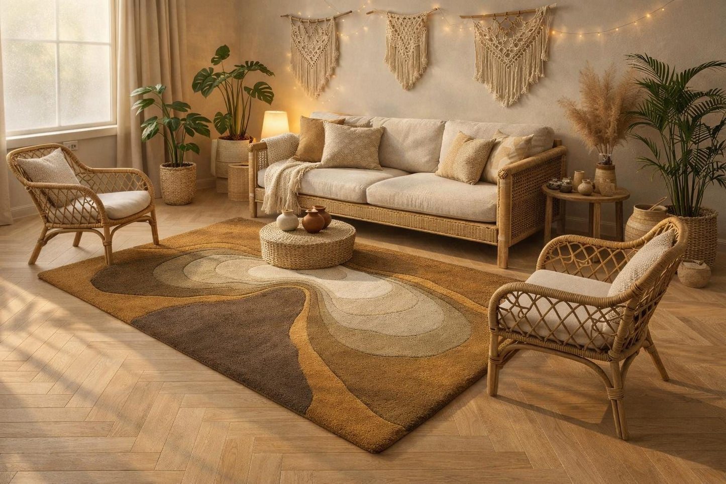 Handmade Abstract Swirl Wool Rug, Scandinavian Brown Beige Living Room Carpet (8x10 ft)