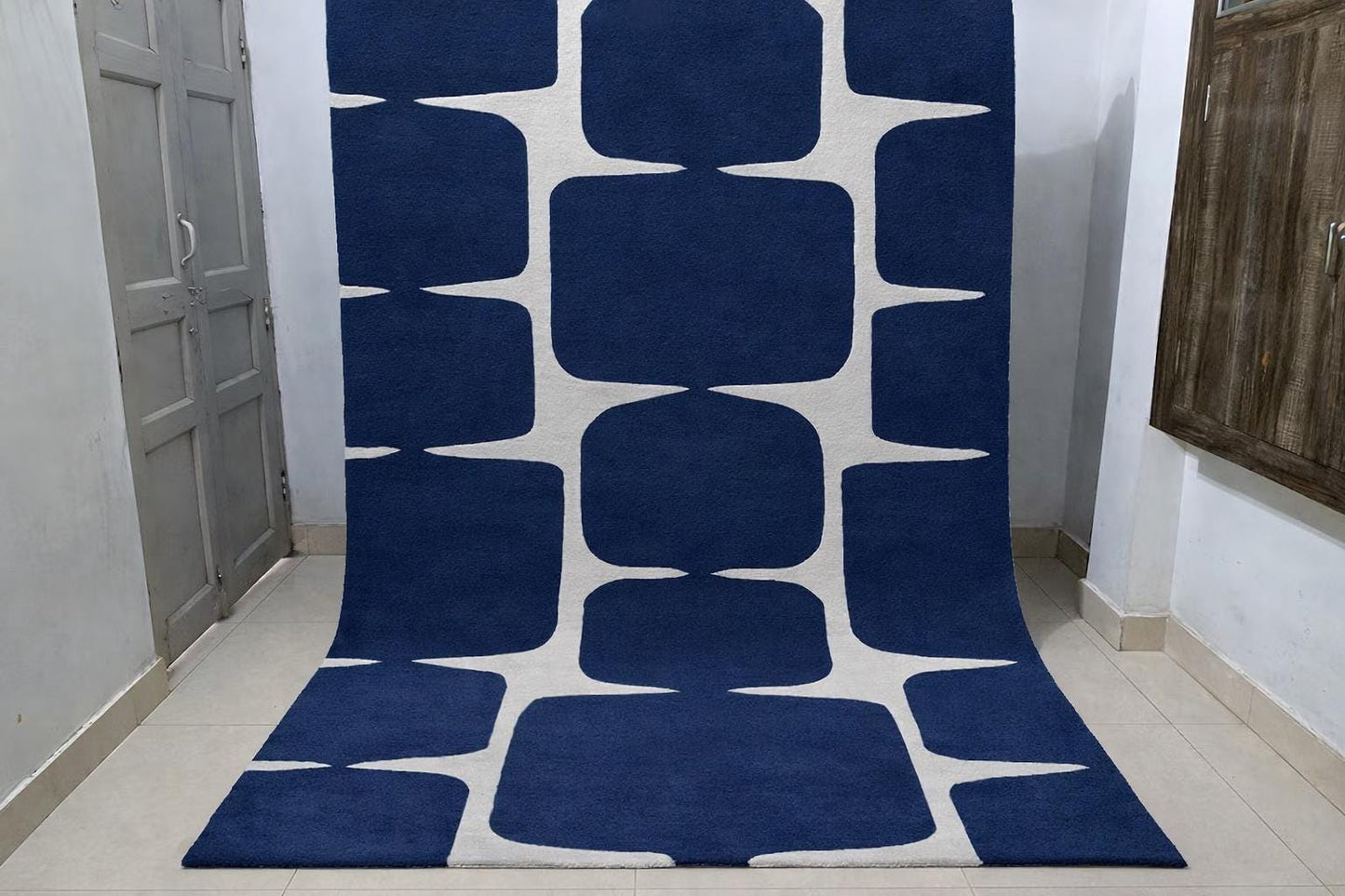 Handmade Wool Area Rug, Navy Blue Geometric Block Carpet, Scandinavian Style Home Decor