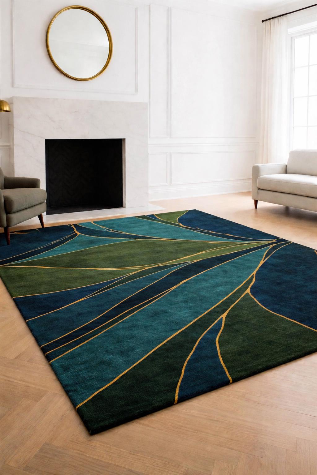 Navy Blue Green Abstract Wool Rug, Hand Tufted Gold Accent Custom Area Rugs