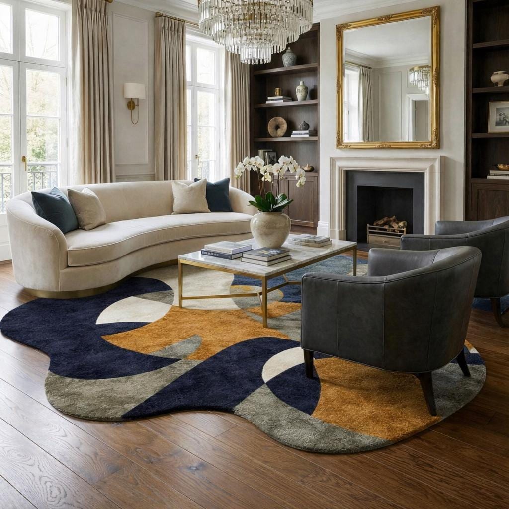 Hand Tufted Viscose Abstract Rug, Irregular Geometric Navy Mustard Beige Carpet