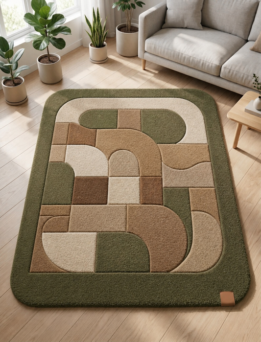 Modern Geometric Arch Rug | Earth Tone Abstract Area Rug | Green Beige Brown Tufted Rug | Contemporary Minimal Living Room Carpet
