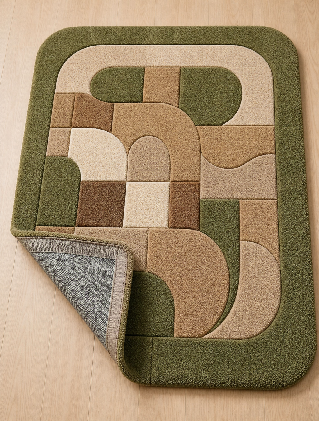 Modern Geometric Arch Rug | Earth Tone Abstract Area Rug | Green Beige Brown Tufted Rug | Contemporary Minimal Living Room Carpet