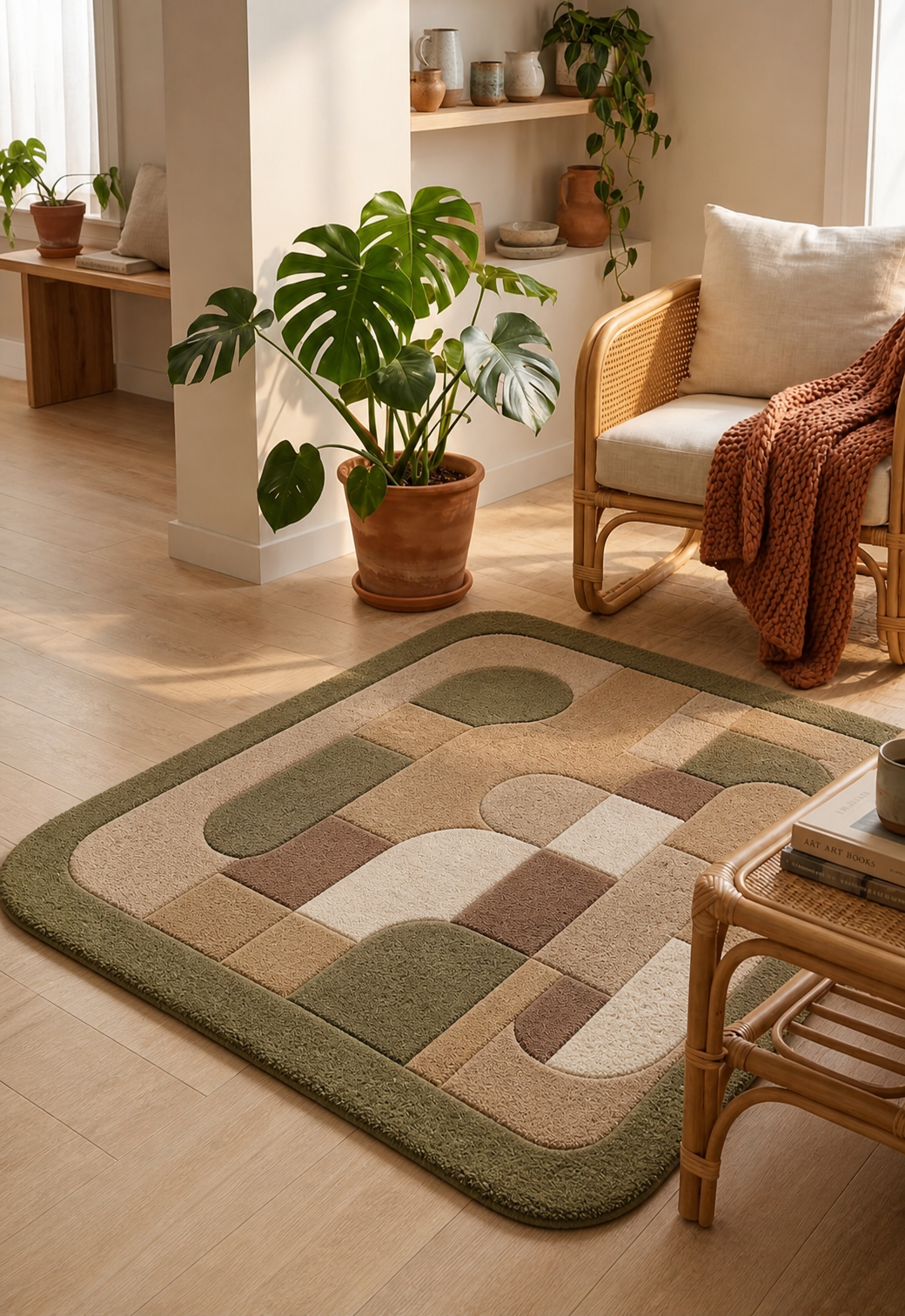 Modern Geometric Arch Rug | Earth Tone Abstract Area Rug | Green Beige Brown Tufted Rug | Contemporary Minimal Living Room Carpet