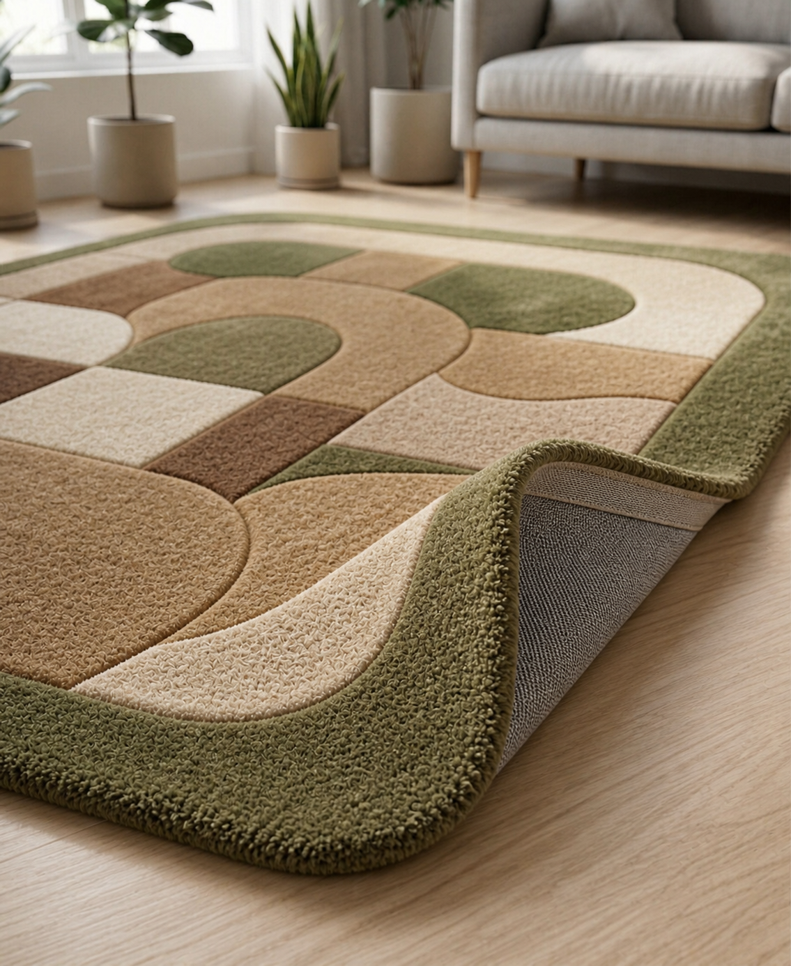 Modern Geometric Arch Rug | Earth Tone Abstract Area Rug | Green Beige Brown Tufted Rug | Contemporary Minimal Living Room Carpet