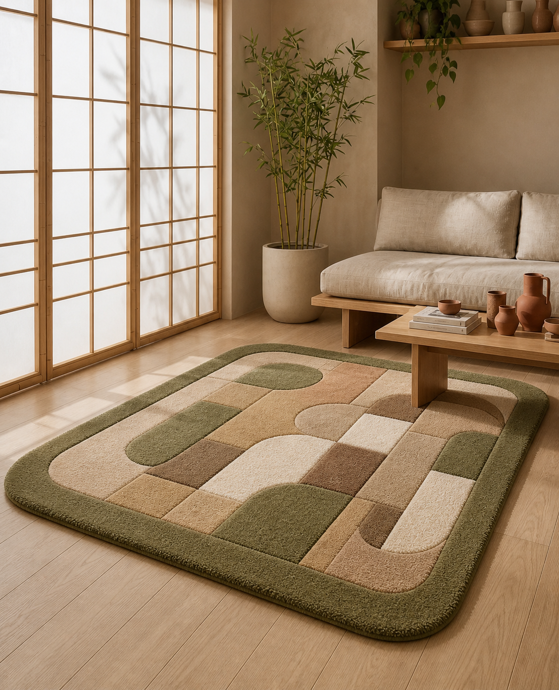 Modern Geometric Arch Rug | Earth Tone Abstract Area Rug | Green Beige Brown Tufted Rug | Contemporary Minimal Living Room Carpet