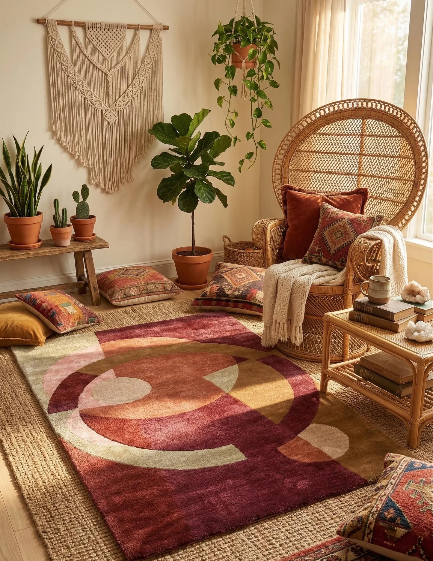 Modern Abstract Geometric Hand Tufted Rug – Burgundy, Terracotta & Beige Contemporary Area Rug