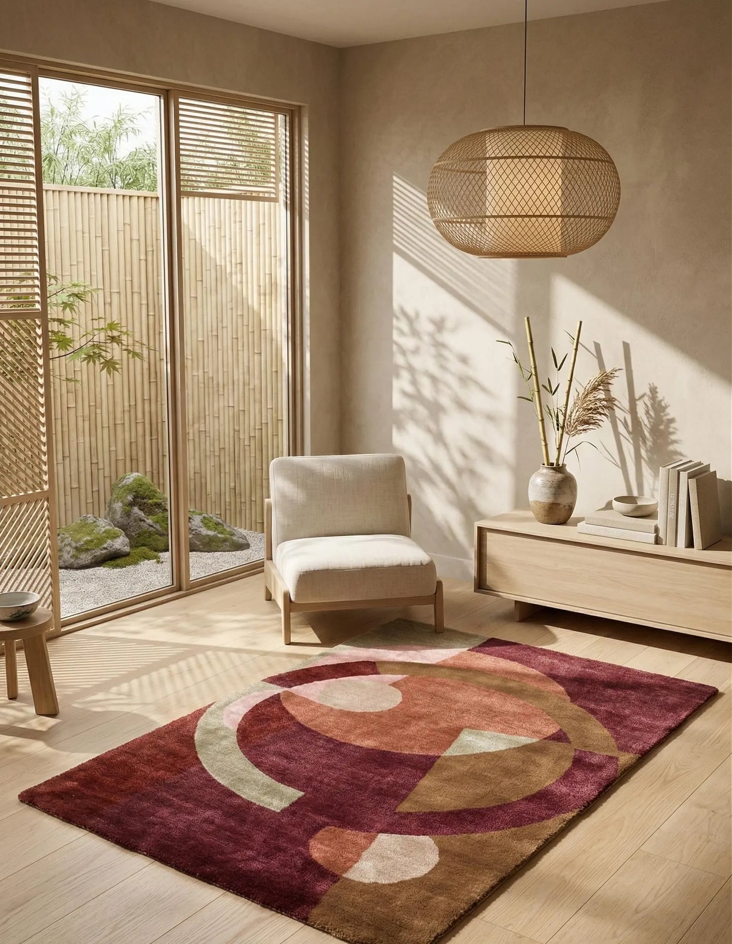 Modern Abstract Geometric Hand Tufted Rug – Burgundy, Terracotta & Beige Contemporary Area Rug