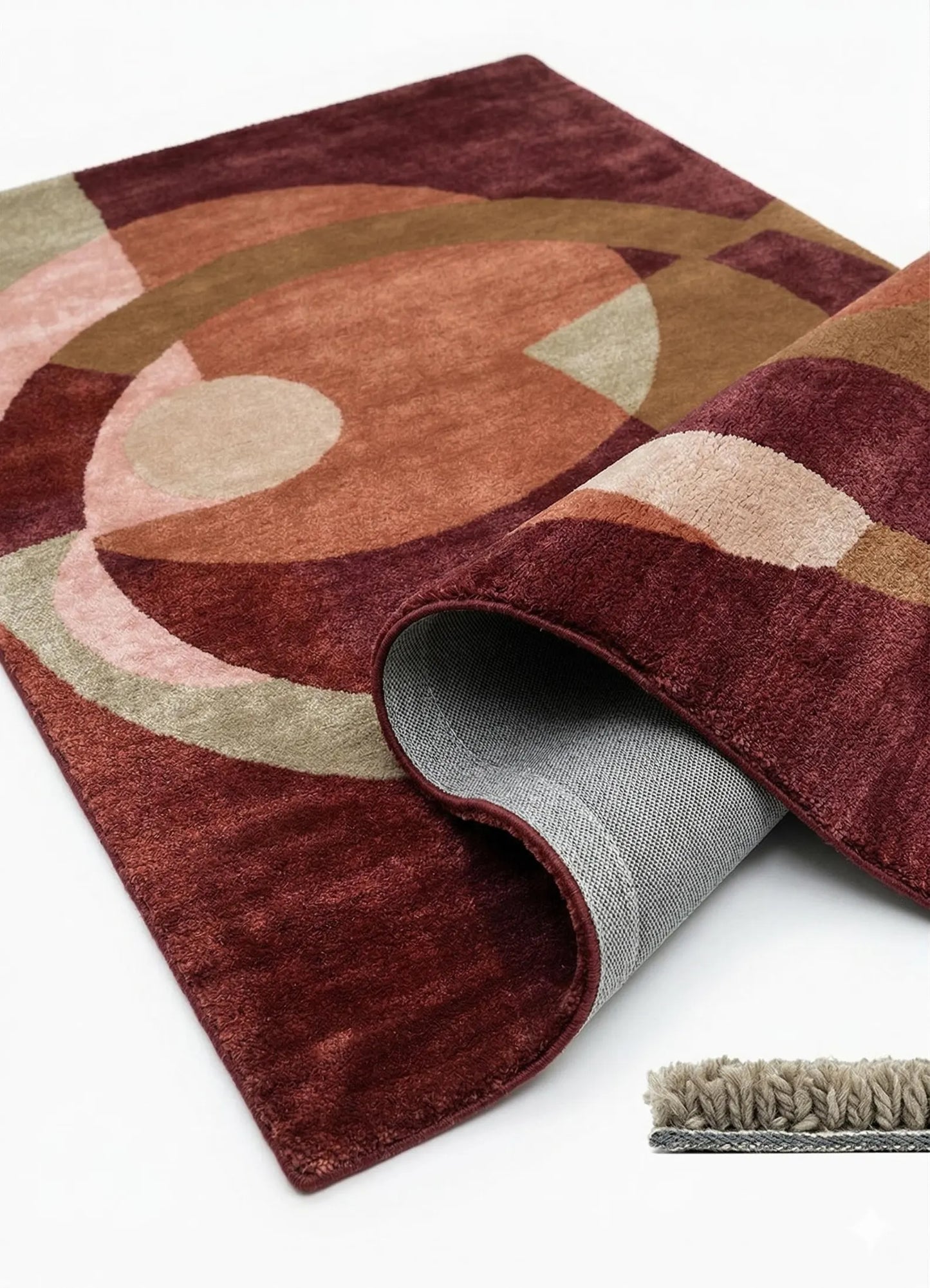Modern Abstract Geometric Hand Tufted Rug – Burgundy, Terracotta & Beige Contemporary Area Rug