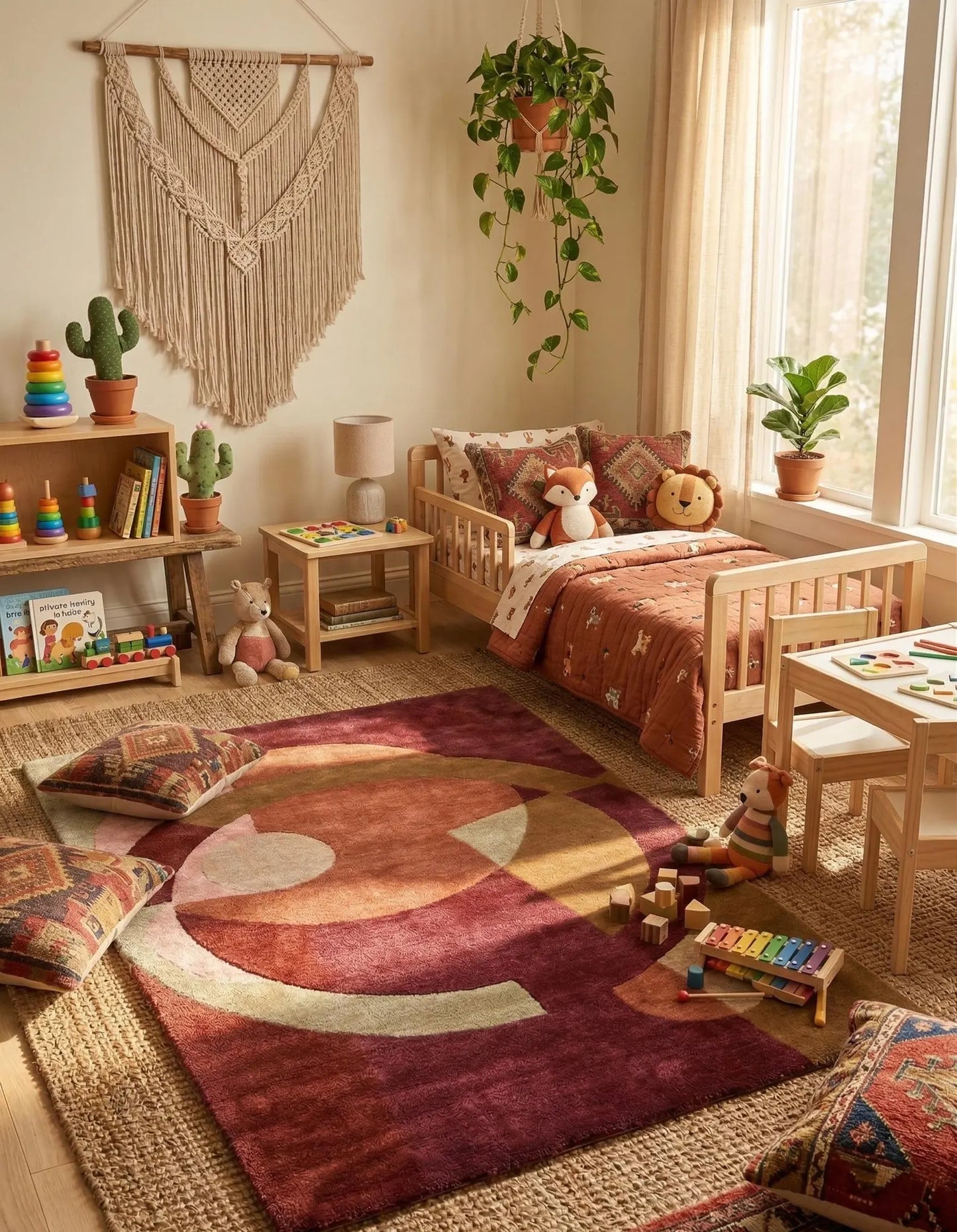 Modern Abstract Geometric Hand Tufted Rug – Burgundy, Terracotta & Beige Contemporary Area Rug