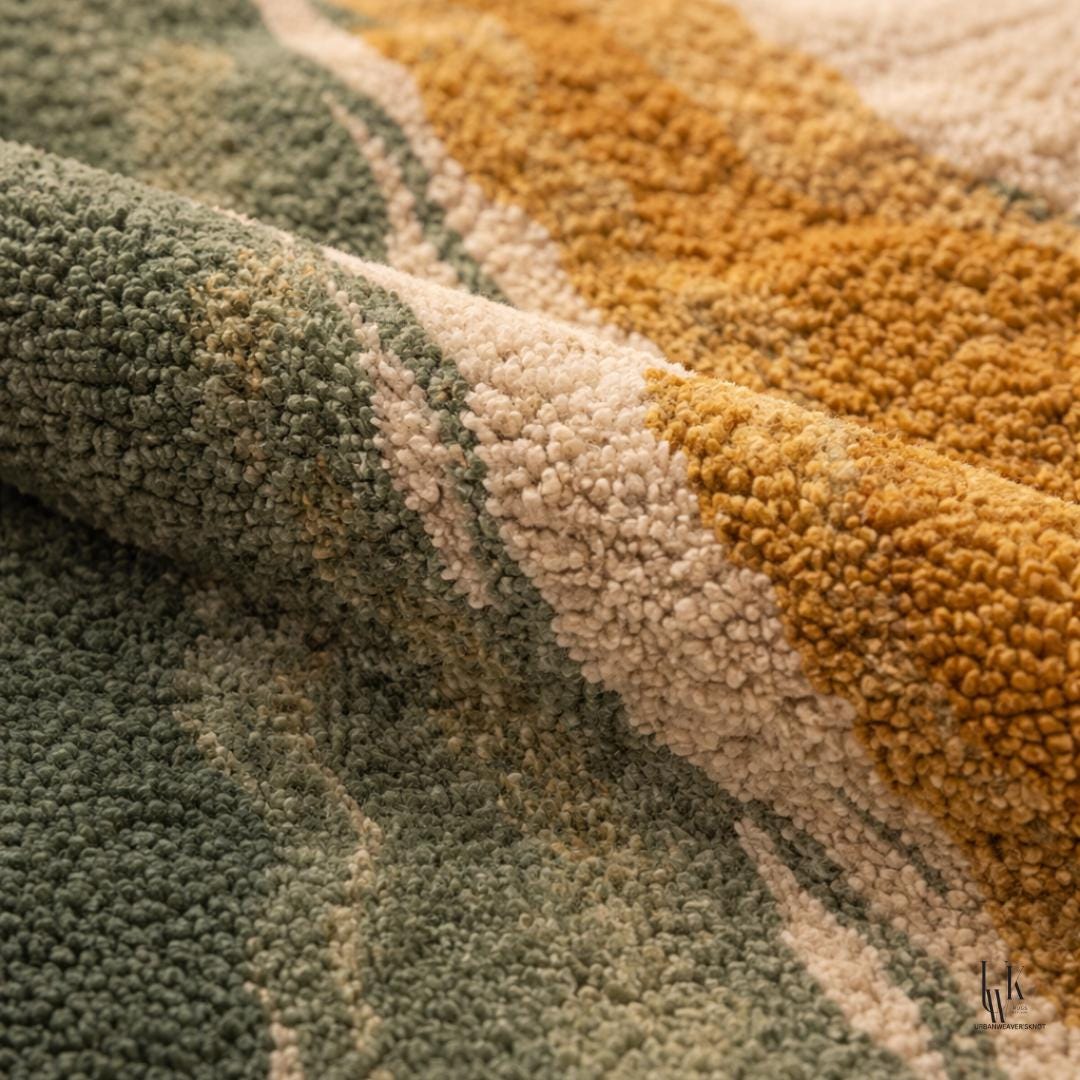 Luxury Abstract Green and Gold Area Rug | Hand-Tufted Silk Organic Shape