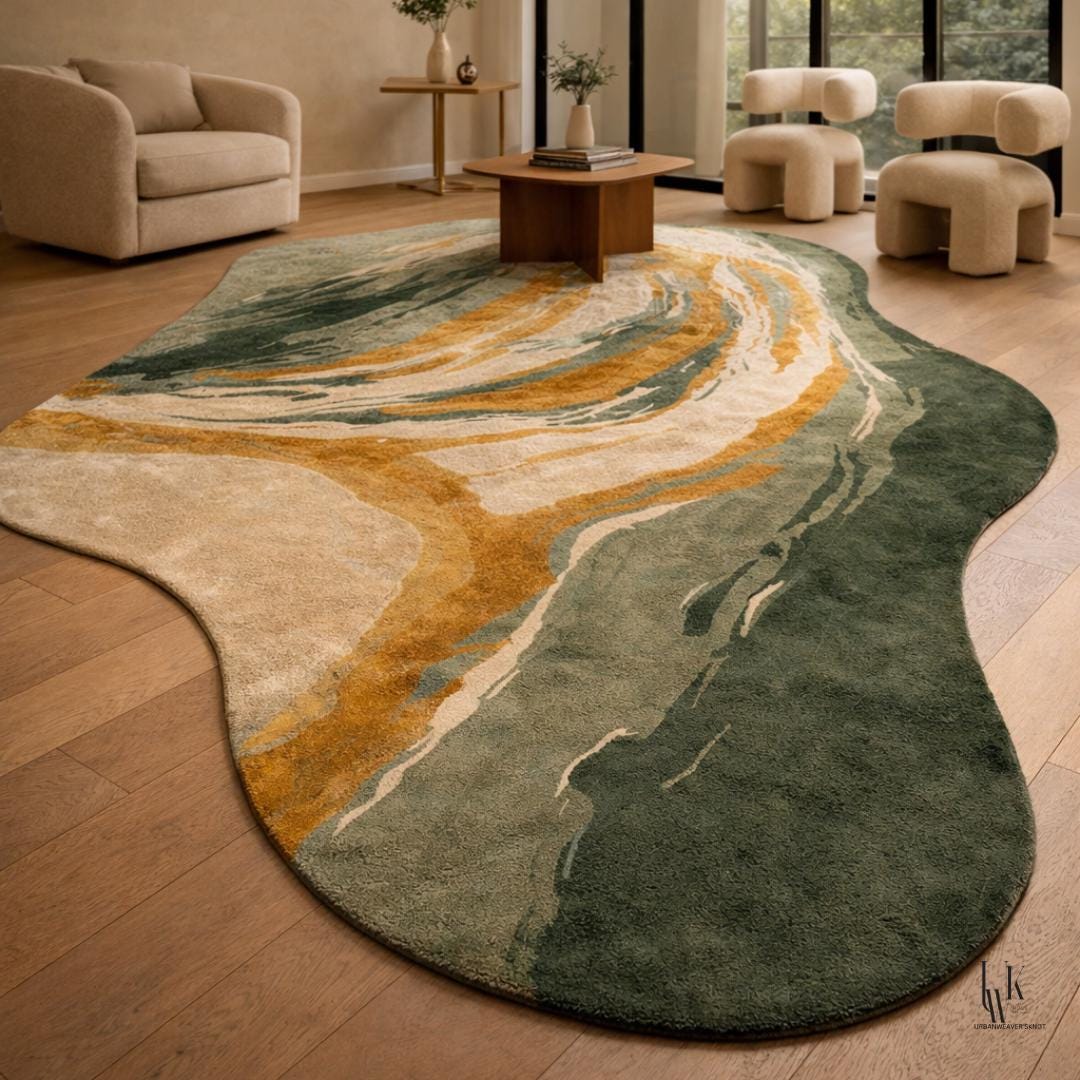 Luxury Abstract Green and Gold Area Rug | Hand-Tufted Silk Organic Shape
