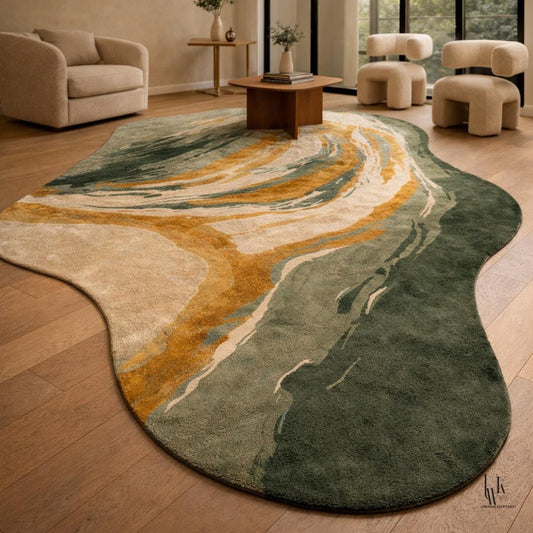 Luxury Abstract Green and Gold Area Rug | Hand-Tufted Silk Organic Shape