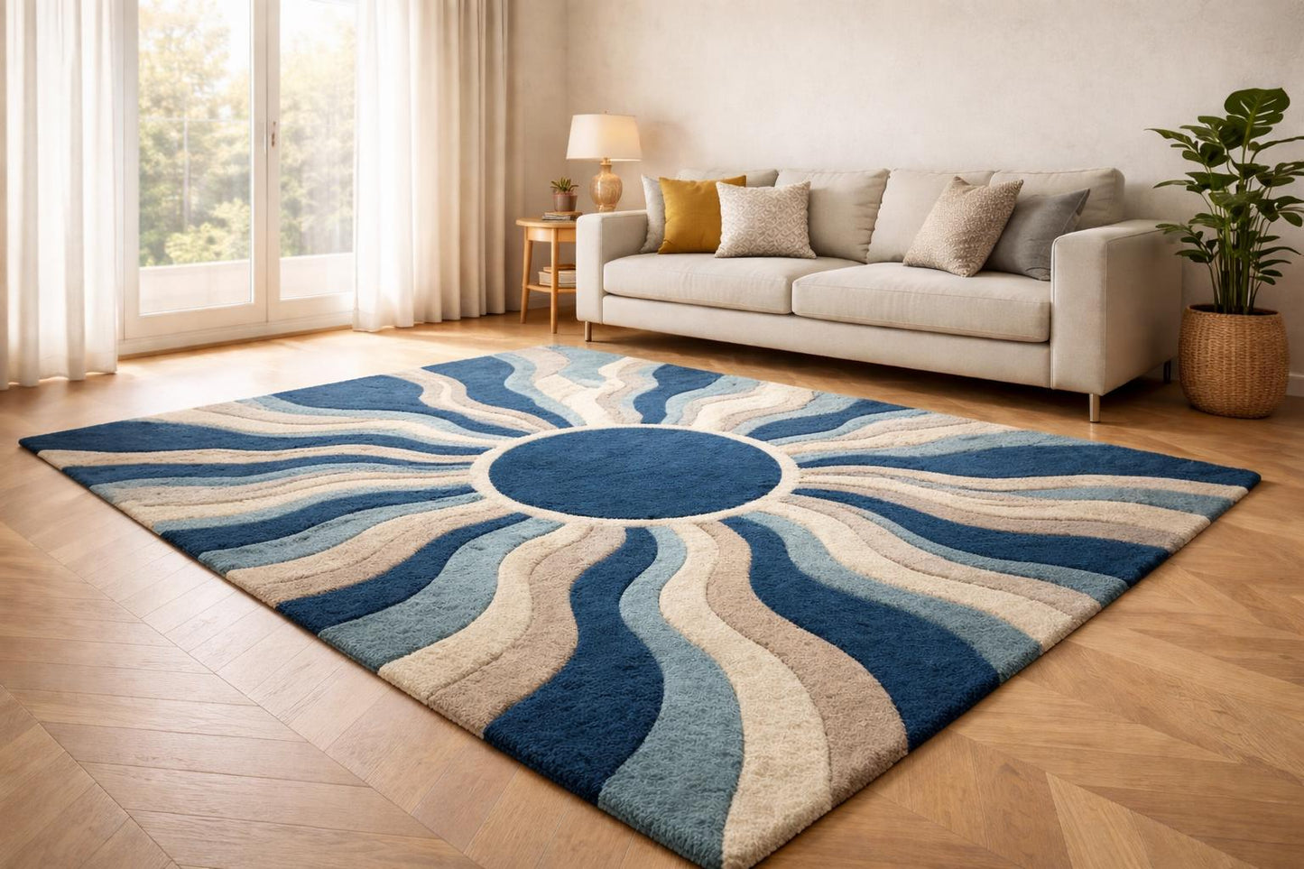 Hand-Tufted New Zealand Wool Rug | Modern Blue Beige Wave Design