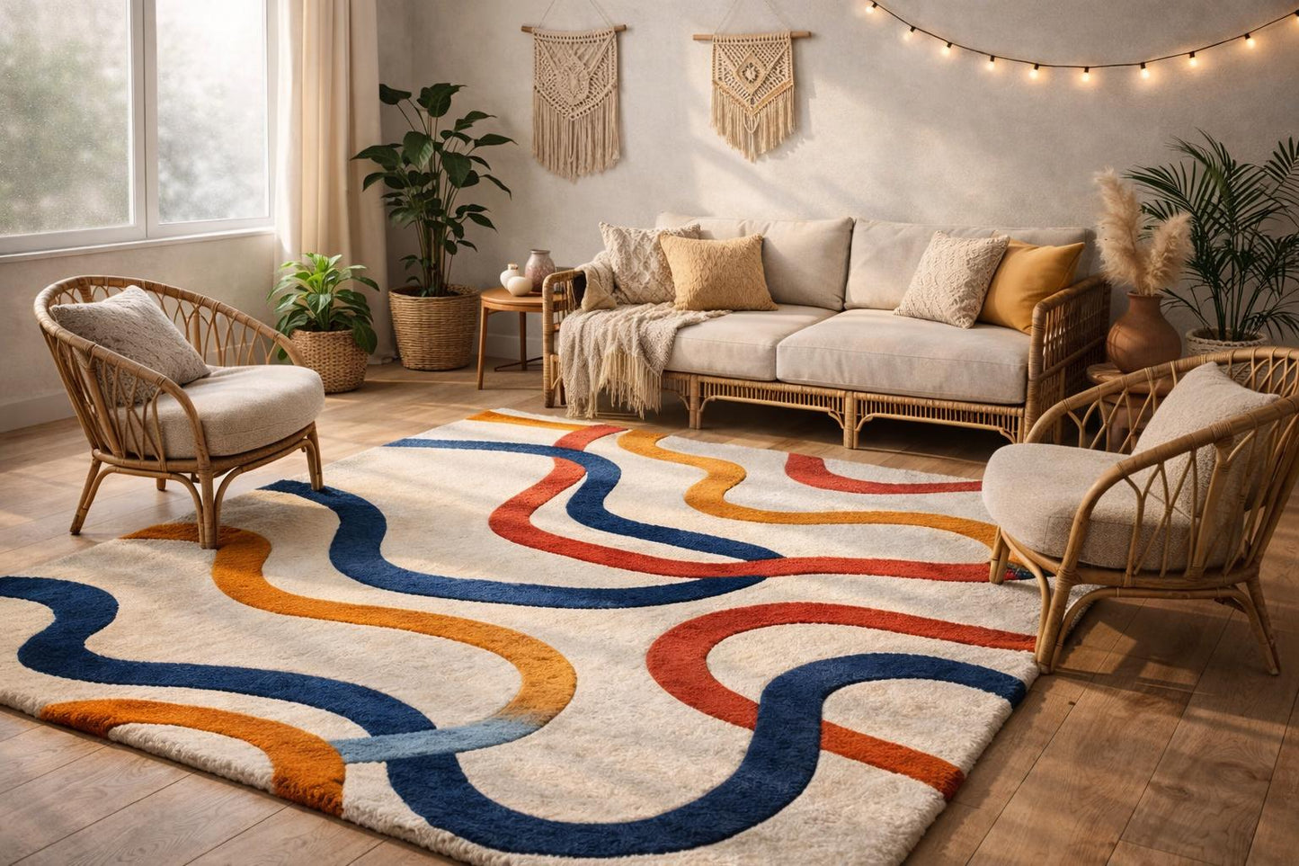 Hand Tufted Wool Area Rug 6x9  – Modern Wavy Design, Mid-Century Colorful Carpet