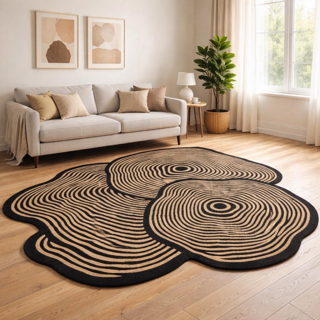 Organic Shaped Area Rug: Black Beige Abstract Tree Ring Design , New Zealand Wool Rug