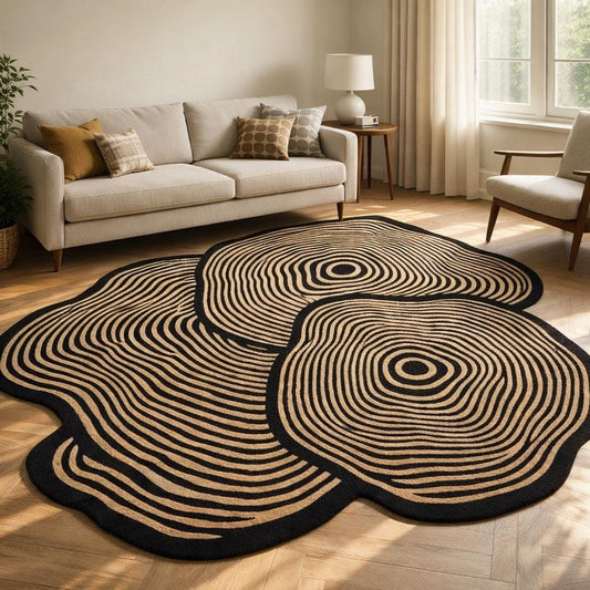 Organic Shaped Area Rug: Black Beige Abstract Tree Ring Design , New Zealand Wool Rug
