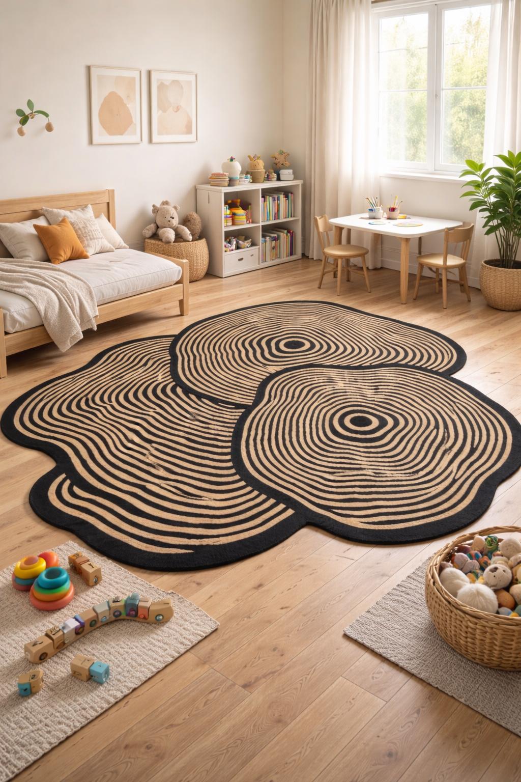 Organic Shaped Area Rug: Black Beige Abstract Tree Ring Design , New Zealand Wool Rug