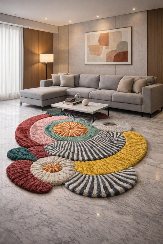 Abstract Tufted Wool Area Rug: Colorful Irregular Shape, Modern Home Decor