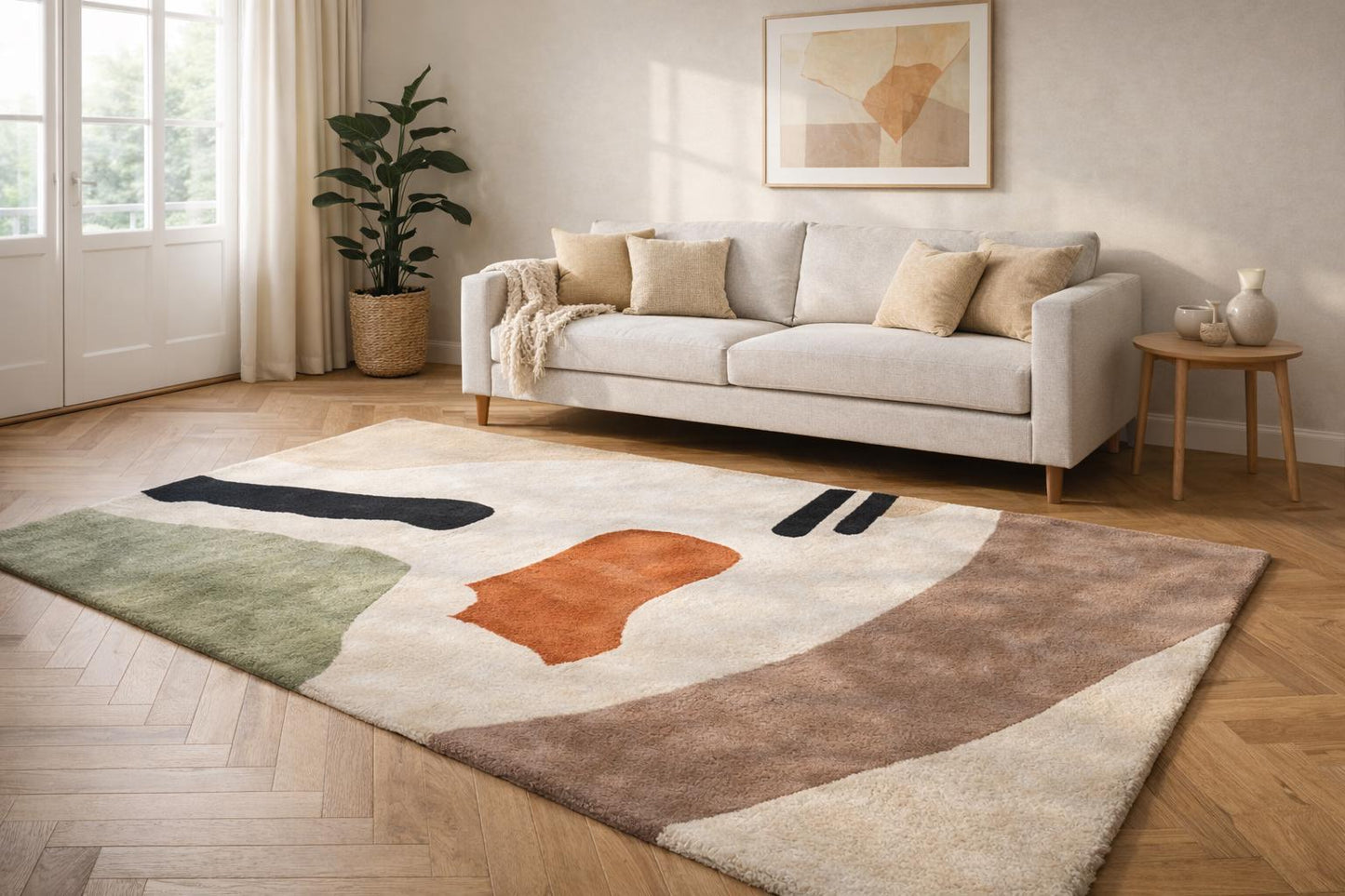 Hand Tufted Wool Abstract Area Rug, 8x10 Neutral Contemporary Carpet
