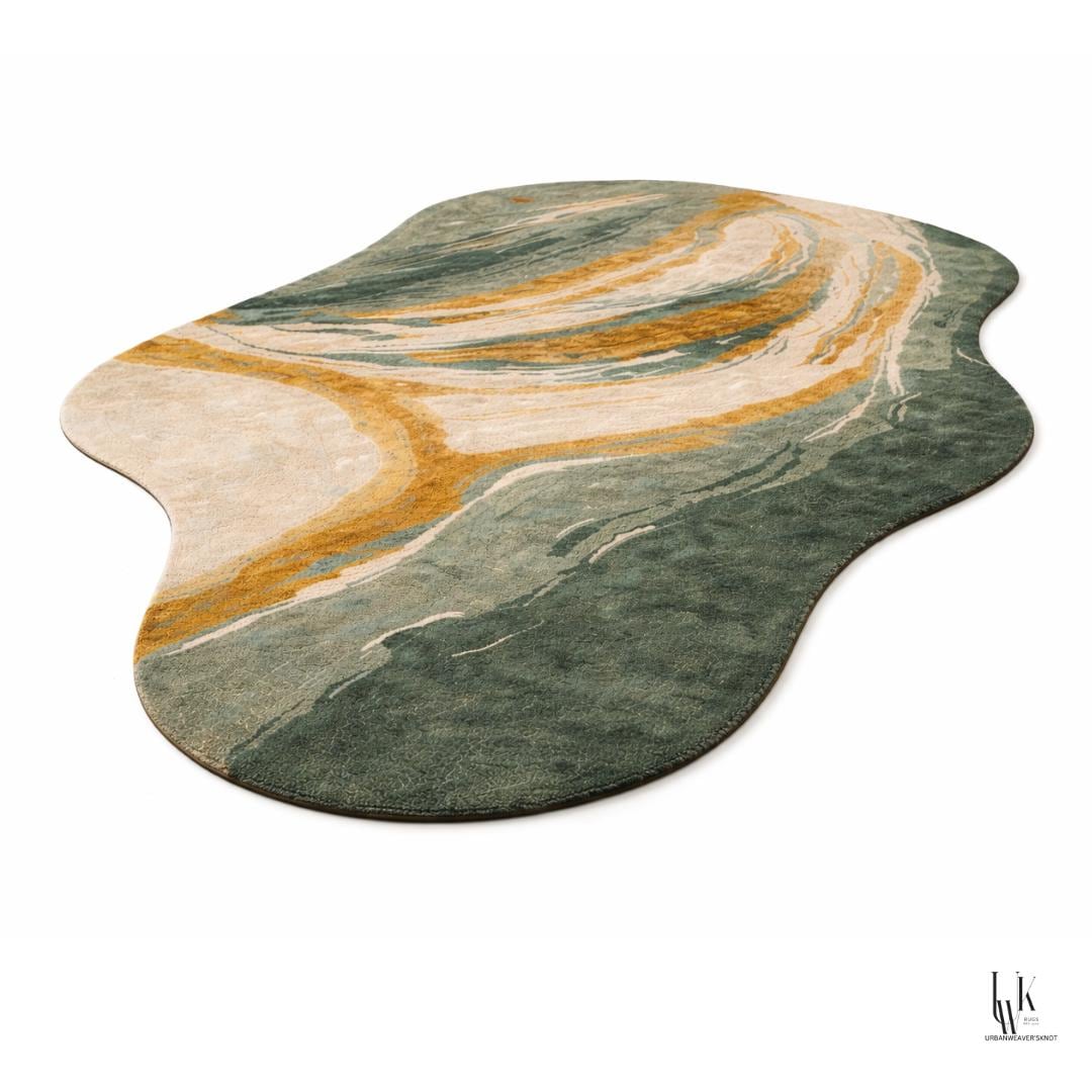 Luxury Abstract Green and Gold Area Rug | Hand-Tufted Silk Organic Shape
