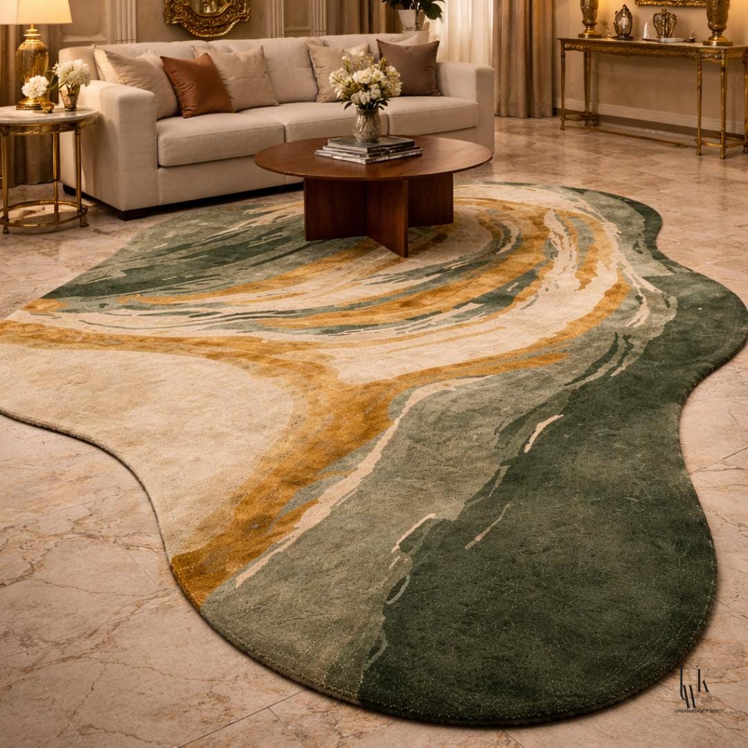 Luxury Abstract Green and Gold Area Rug | Hand-Tufted Silk Organic Shape