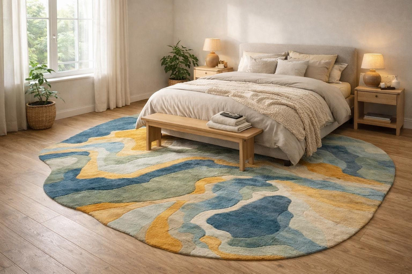 Hand Tufted Wool Round Rug, Abstract Blue Green Mustard, Modern Floor Decor