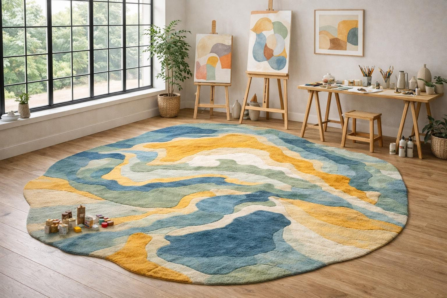 Hand Tufted Wool Round Rug, Abstract Blue Green Mustard, Modern Floor Decor
