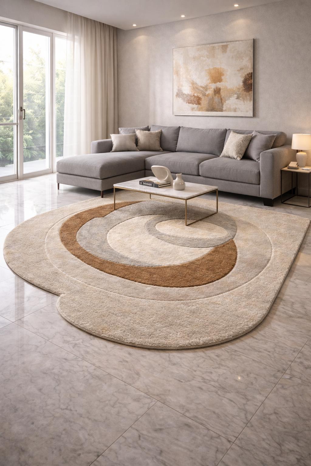 Handmade Tufted Wool Rug | Modern Abstract Circular Design, Neutral Luxury Carpet