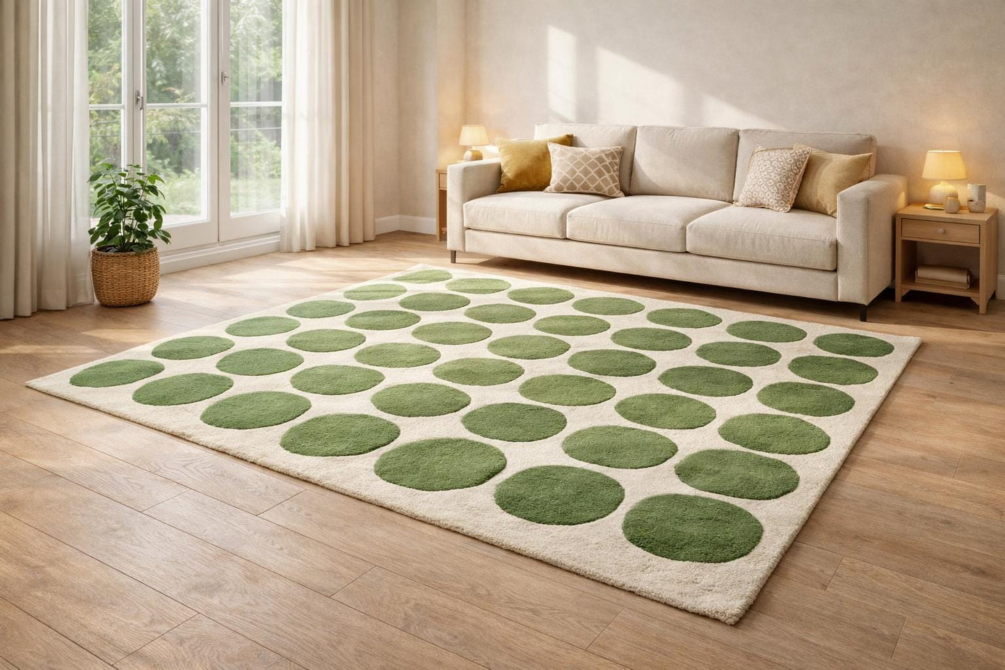 Hand Tufted Wool Area Rug 8x10 | Green Polka Dot Carpet, Boho Living Room Home