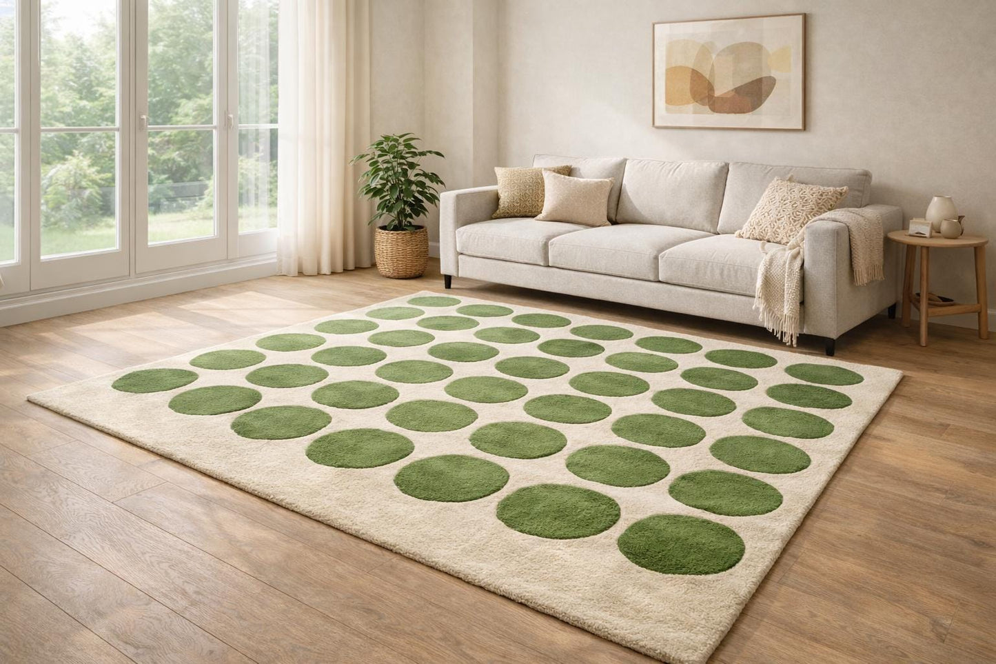 Hand Tufted Wool Area Rug 8x10 | Green Polka Dot Carpet, Boho Living Room Home