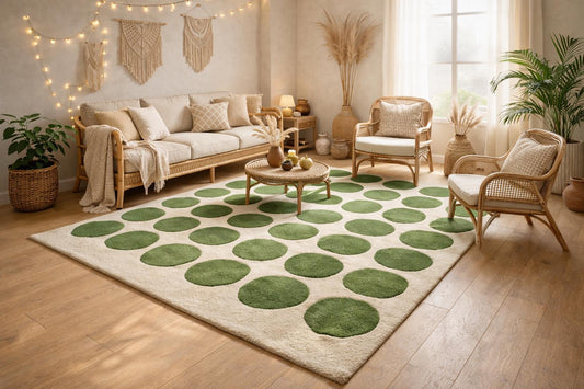 Hand Tufted Wool Area Rug 8x10 | Green Polka Dot Carpet, Boho Living Room Home