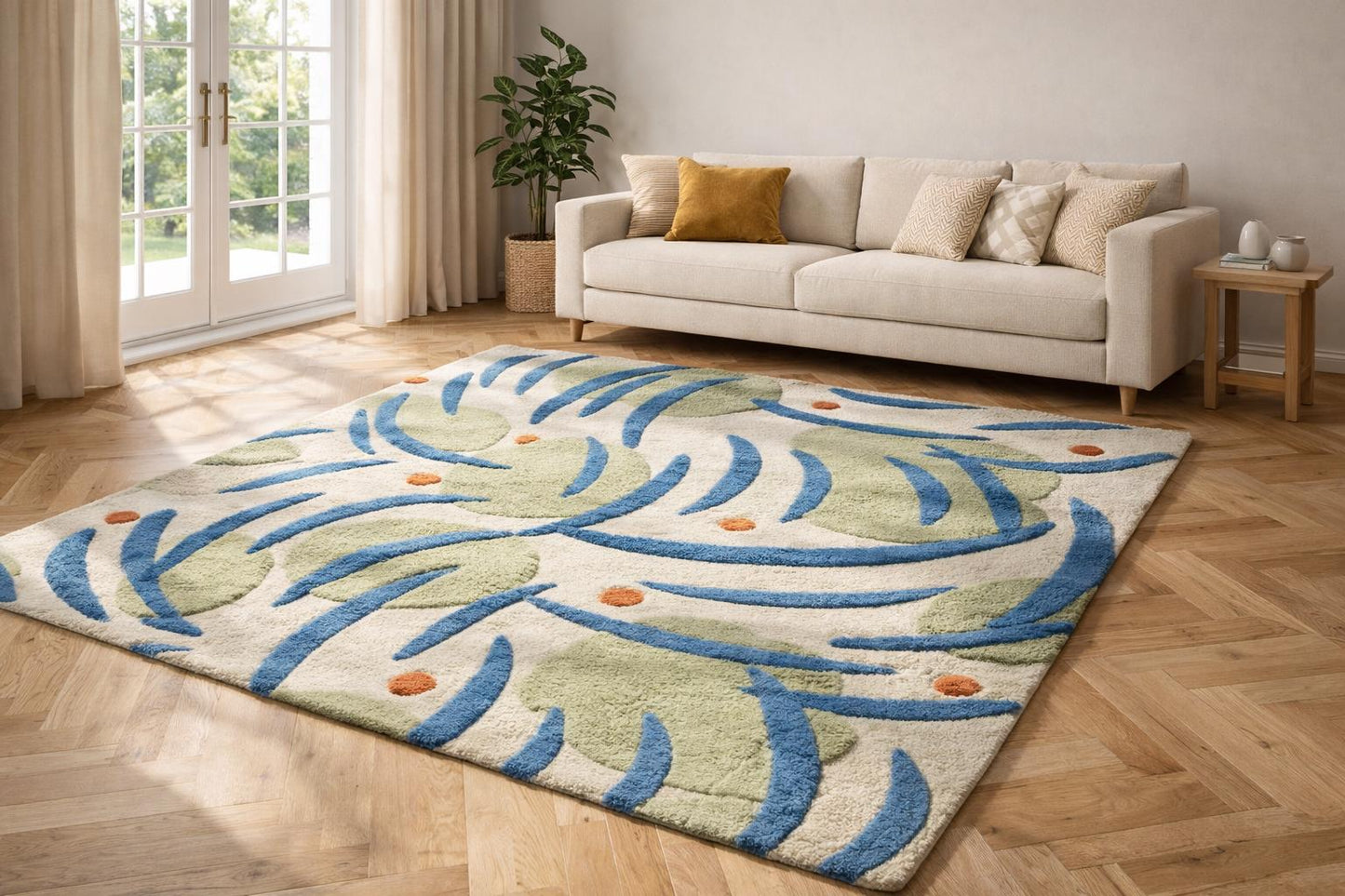 Hand Tufted Wool Rug, Abstract Blue Green Area Carpet, Modern Living Room Art