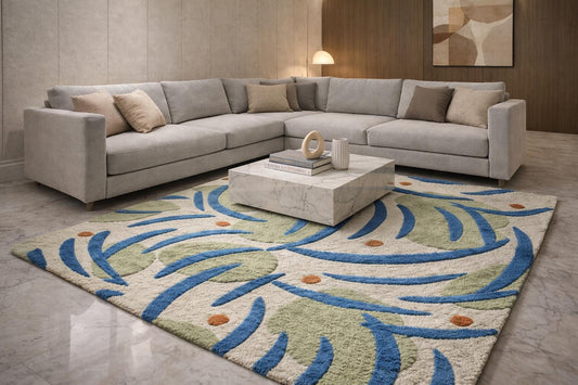 Hand Tufted Wool Rug, Abstract Blue Green Area Carpet, Modern Living Room Art