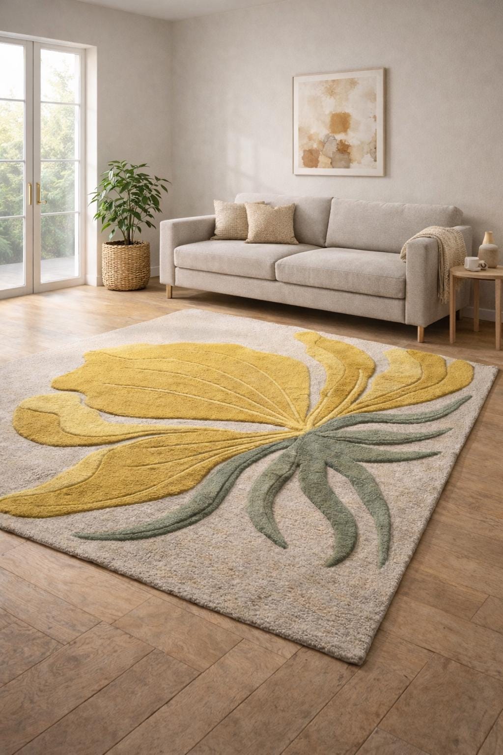 Hand Tufted Wool Floral Rug, Yellow Botanical Area Carpet, Boho Modern Home