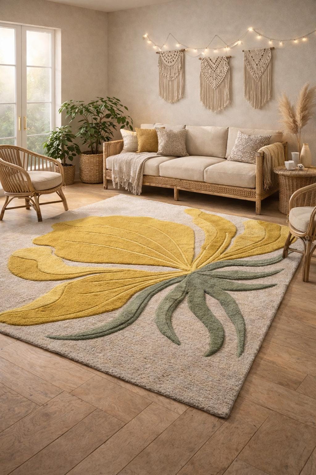 Hand Tufted Wool Floral Rug, Yellow Botanical Area Carpet, Boho Modern Home
