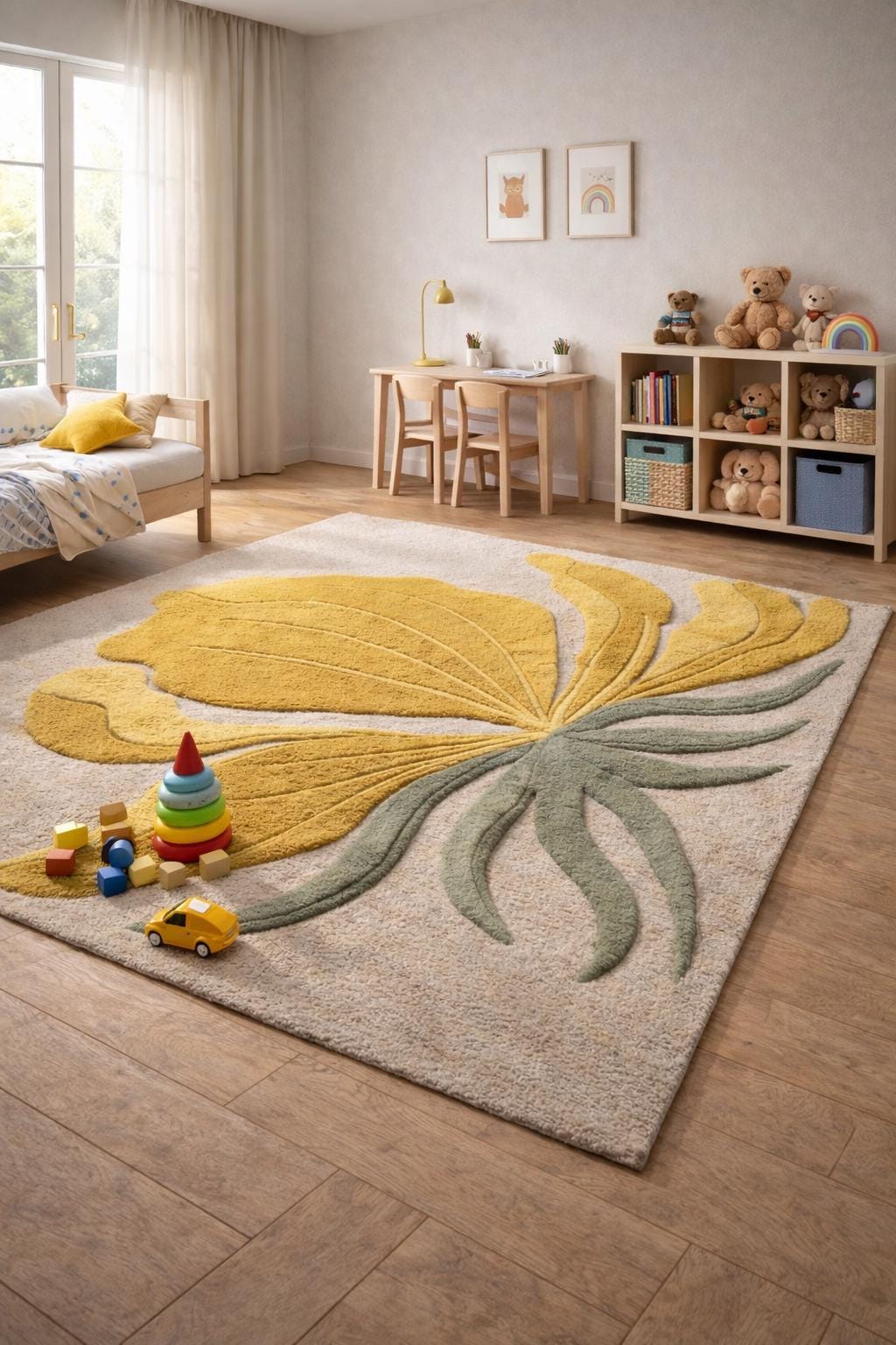 Hand Tufted Wool Floral Rug, Yellow Botanical Area Carpet, Boho Modern Home