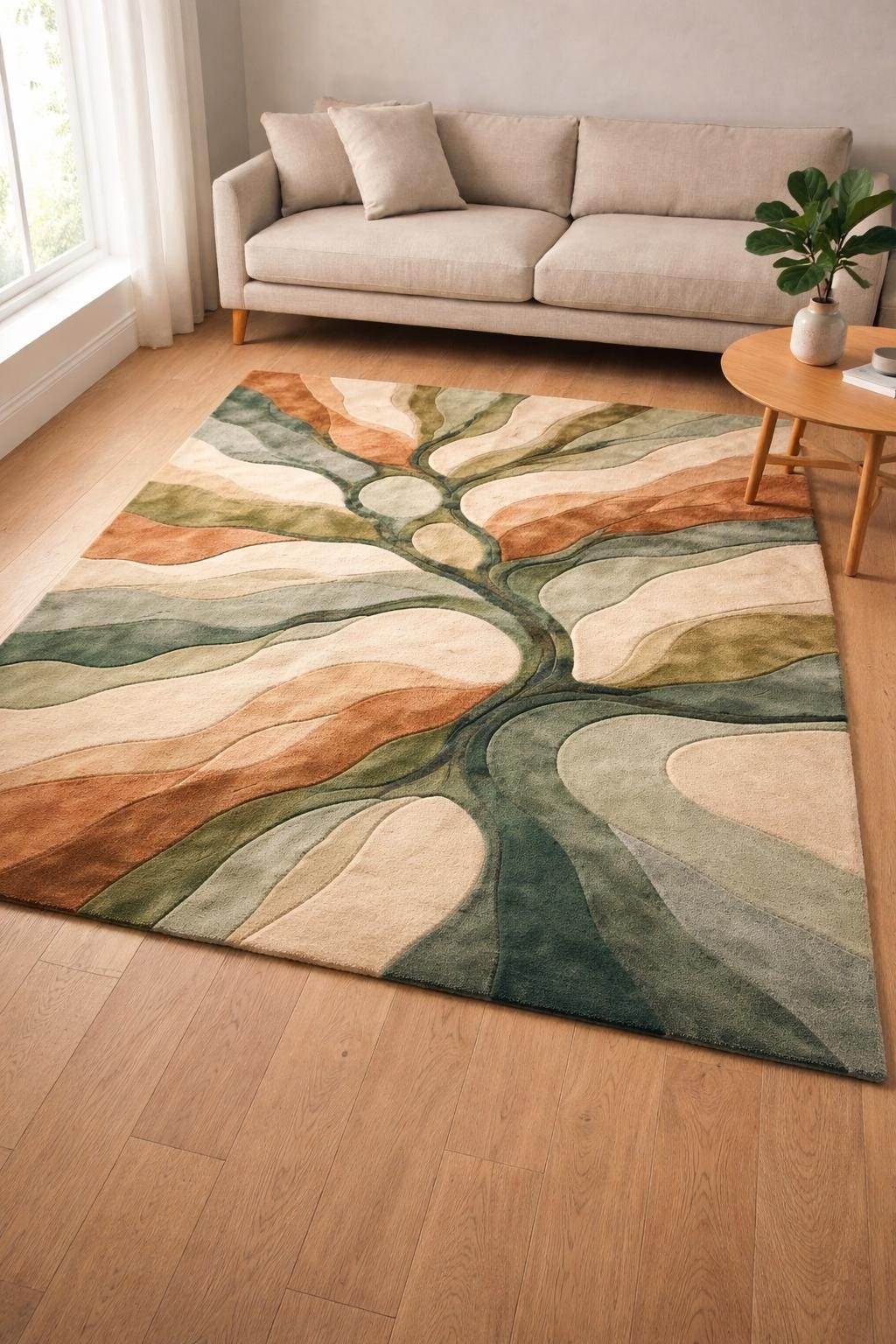 Hand Tufted Wool Tree Rug, Abstract Botanical Earth Tone, Modern Living Room Area Rug