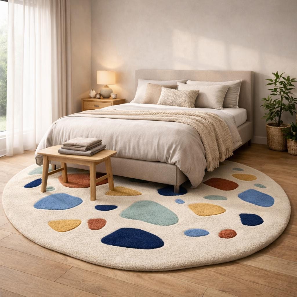 Hand-Tufted Wool Round Rug, Multicolor Pebble Pattern, Modern Kids Playroom Decor