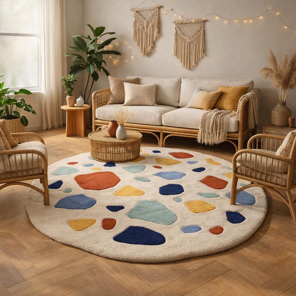 Hand-Tufted Wool Round Rug, Multicolor Pebble Pattern, Modern Kids Playroom Decor