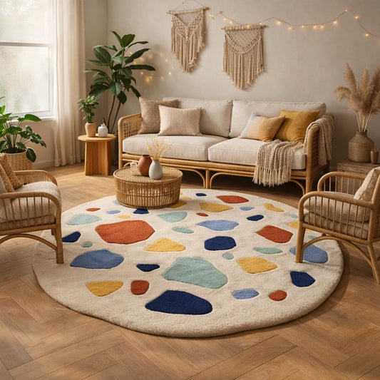 Hand-Tufted Wool Round Rug, Multicolor Pebble Pattern, Modern Kids Playroom Decor
