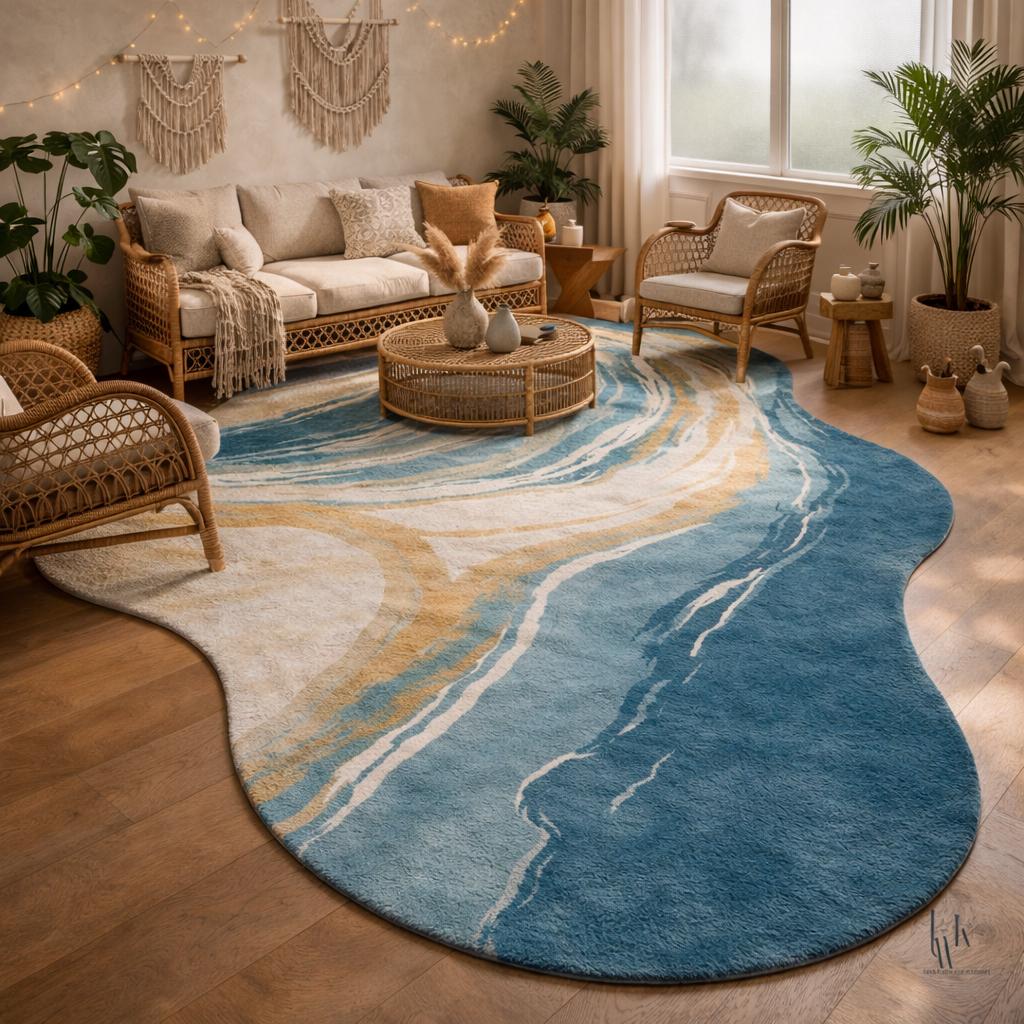 Hand Tufted New Zealand Wool Abstract Rug, Irregular Shape Blue Beige Area Carpet