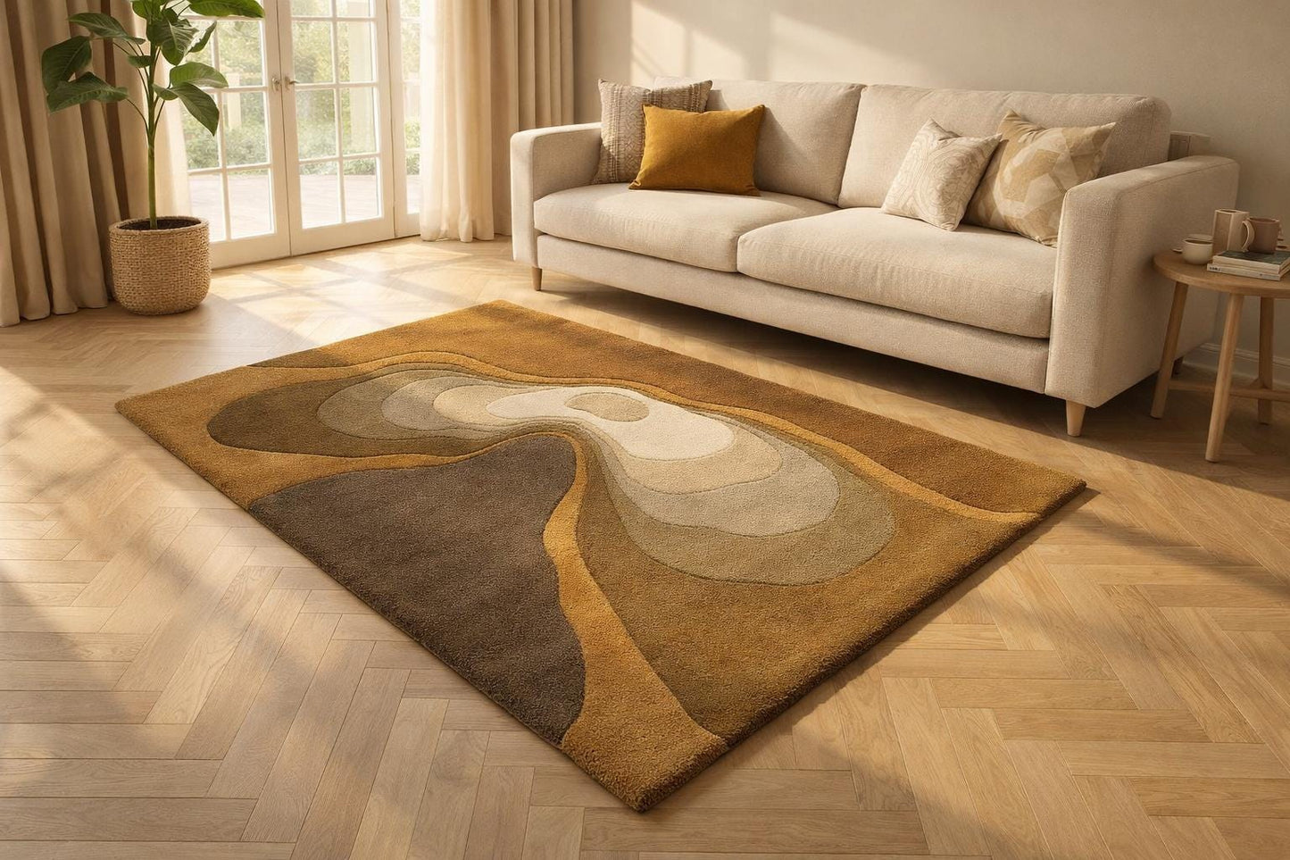 Handmade Abstract Swirl Wool Rug, Scandinavian Brown Beige Living Room Carpet (8x10 ft)