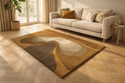Handmade Abstract Swirl Wool Rug, Scandinavian Brown Beige Living Room Carpet (8x10 ft)